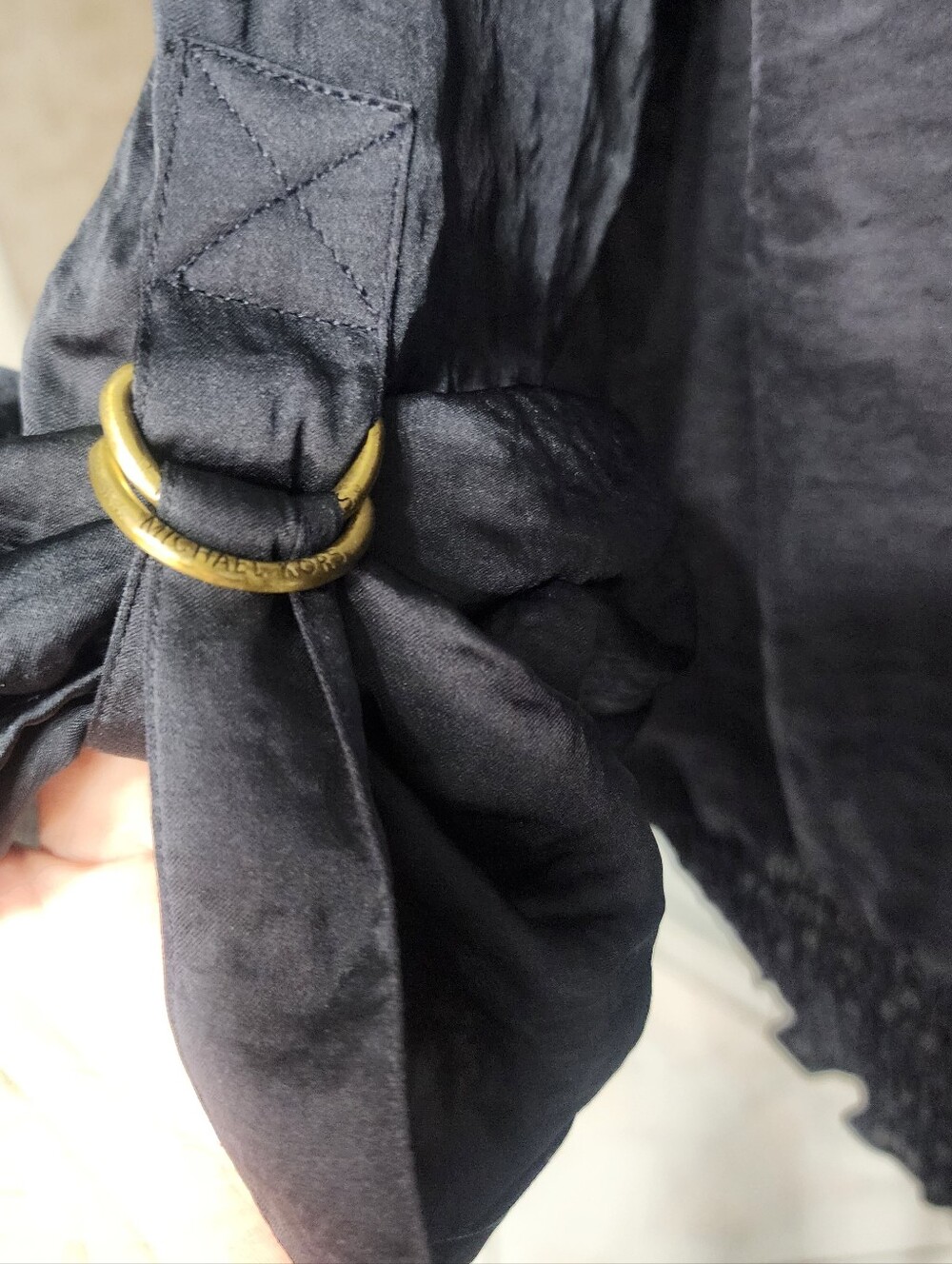 Michael Kors Black Blouse with Brass Ring Sleeve Ties W Branding. Size S
